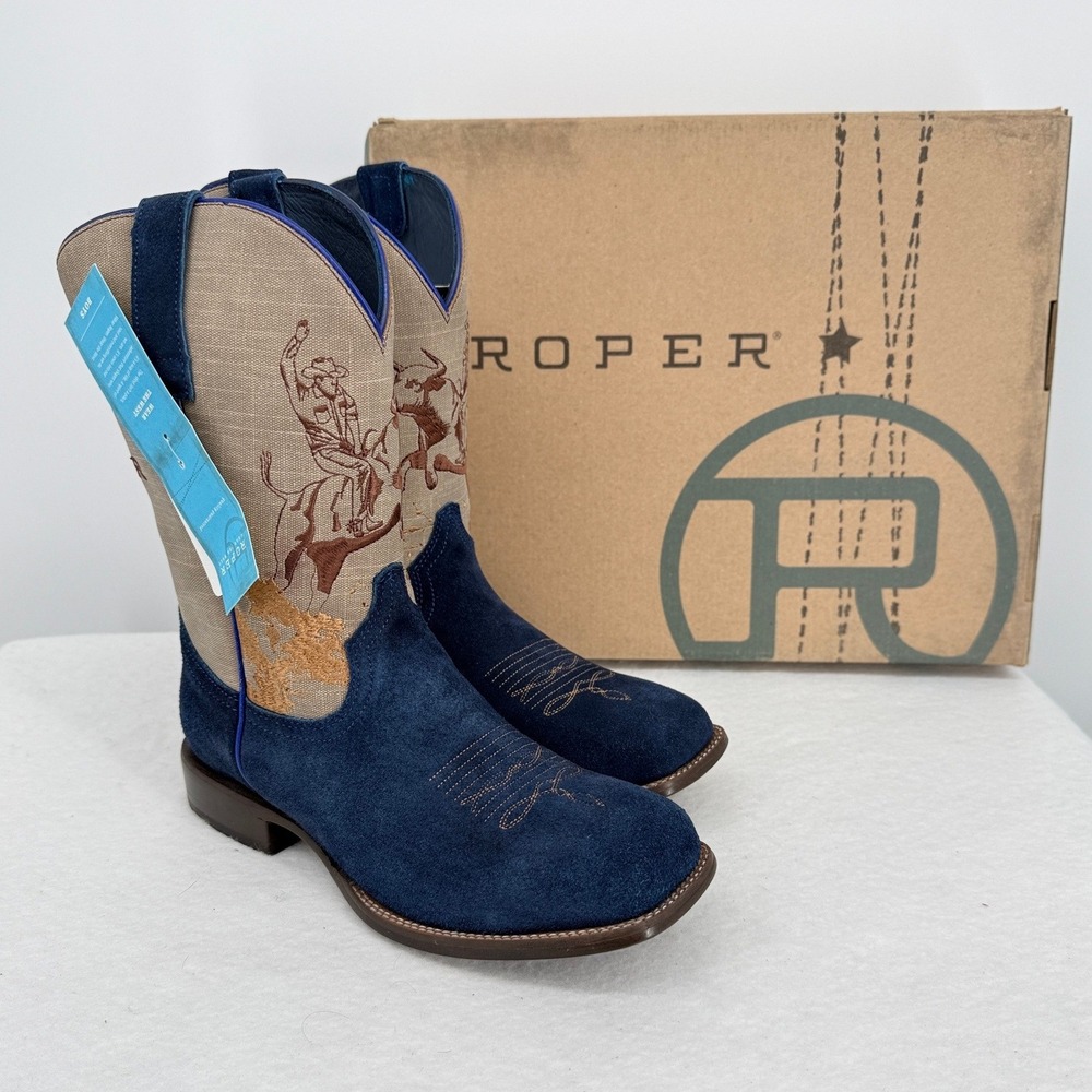 Roper Kids Bullrider Blue Suede Western Cowboy Boots 09-119-9992-0412 Size 7